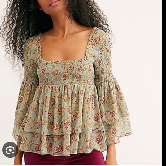 Free People Tops - Free People Golden Age Chiffon Floral Tiered Blouse ,Large, EUC.